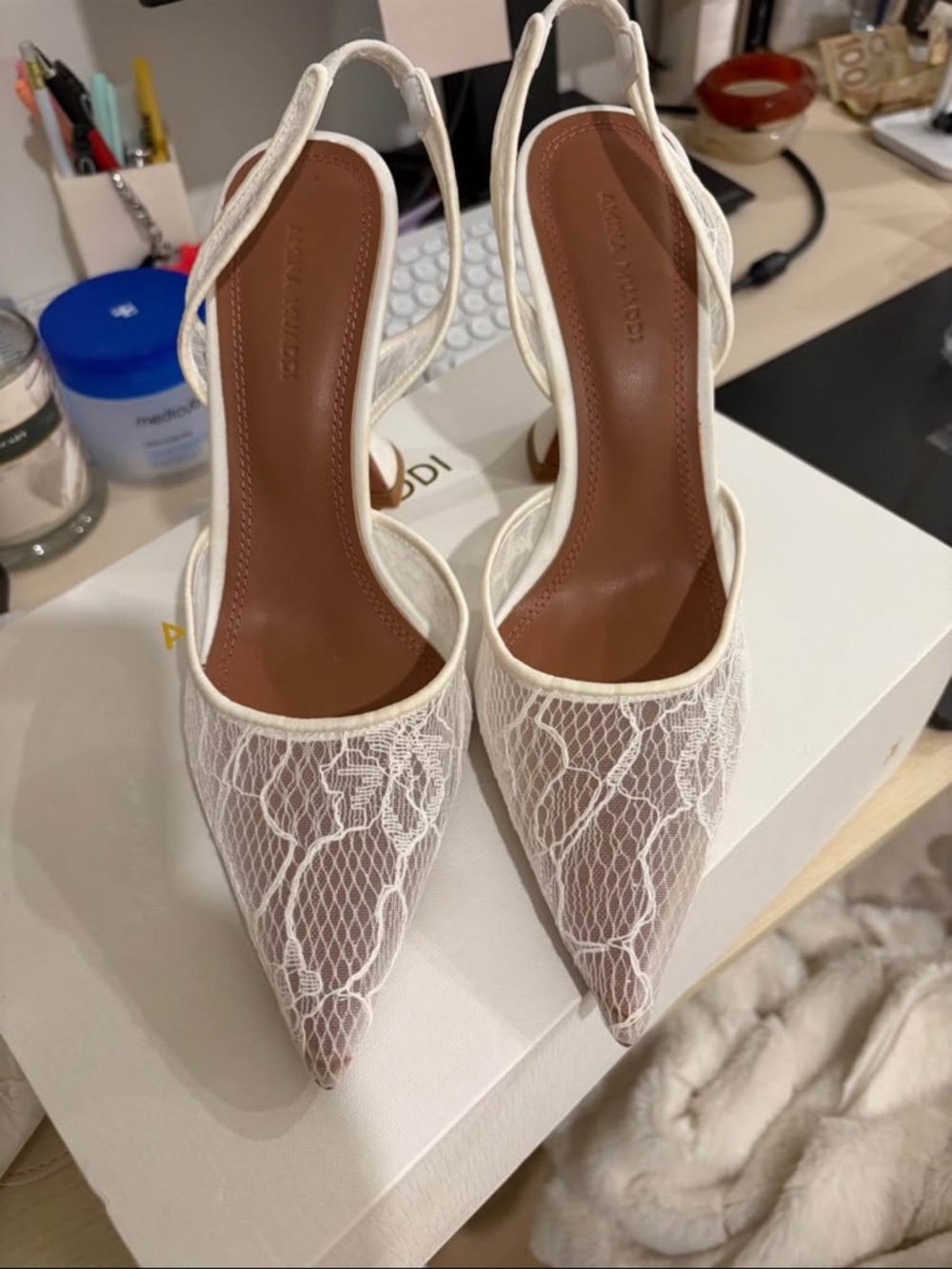 Amina Muaddi White Lace Pointed Slingback Heels